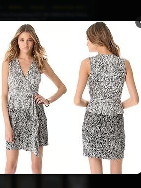 Diane Von Furstenberg Black & White Sleeveless Wrap Mini Dress